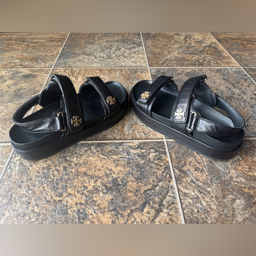 Kira Sport Double Strap T Logo Slip On Sandals- Black Leather, Women’s Size 9M